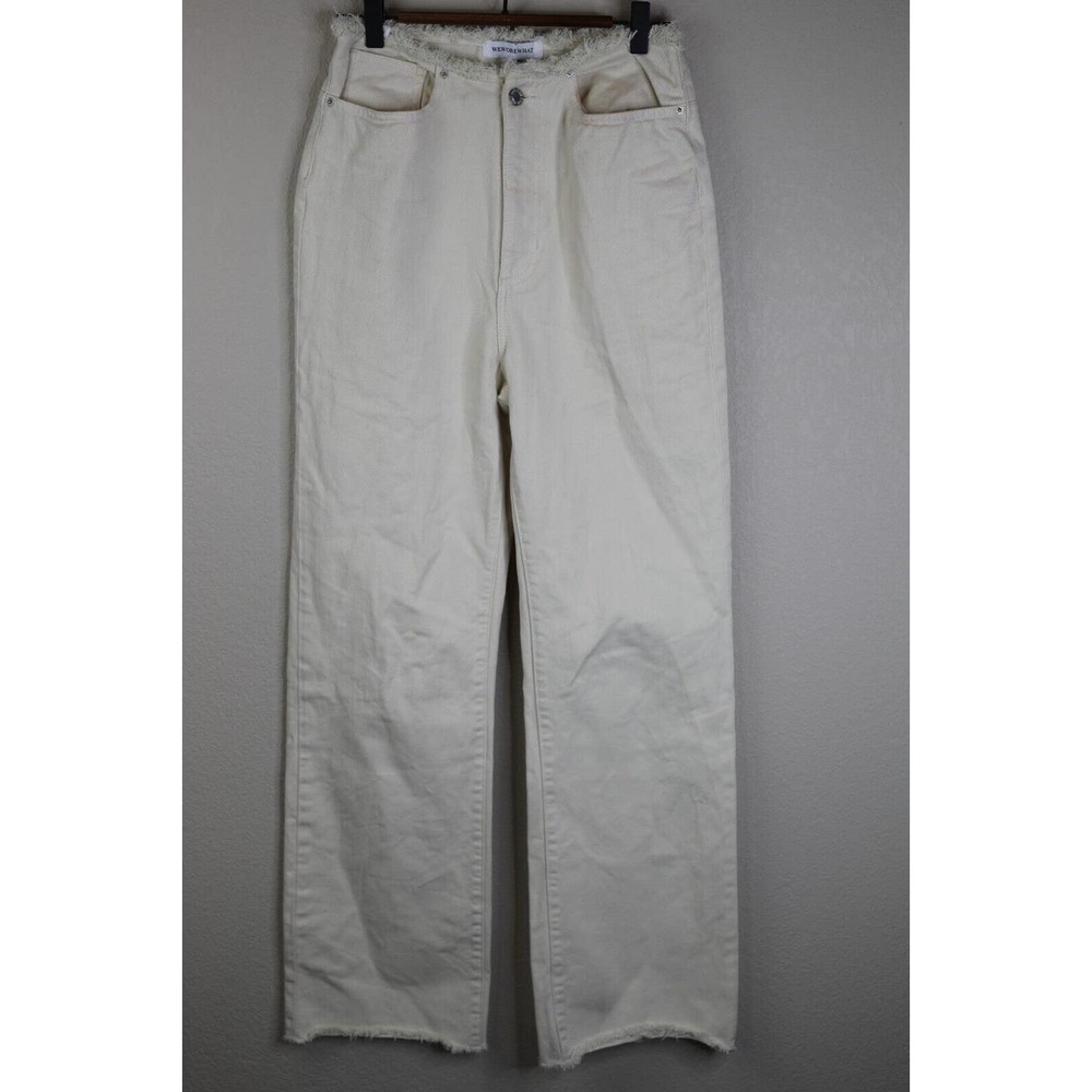 We Wore What Pants Women 27 Raw Hem Waist Cream Denim Wide Leg